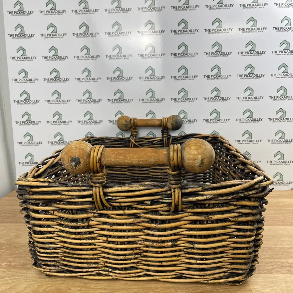 Large Rustic Hand Woven Rattan Storage Basket with Turned Wood Handles Brown
